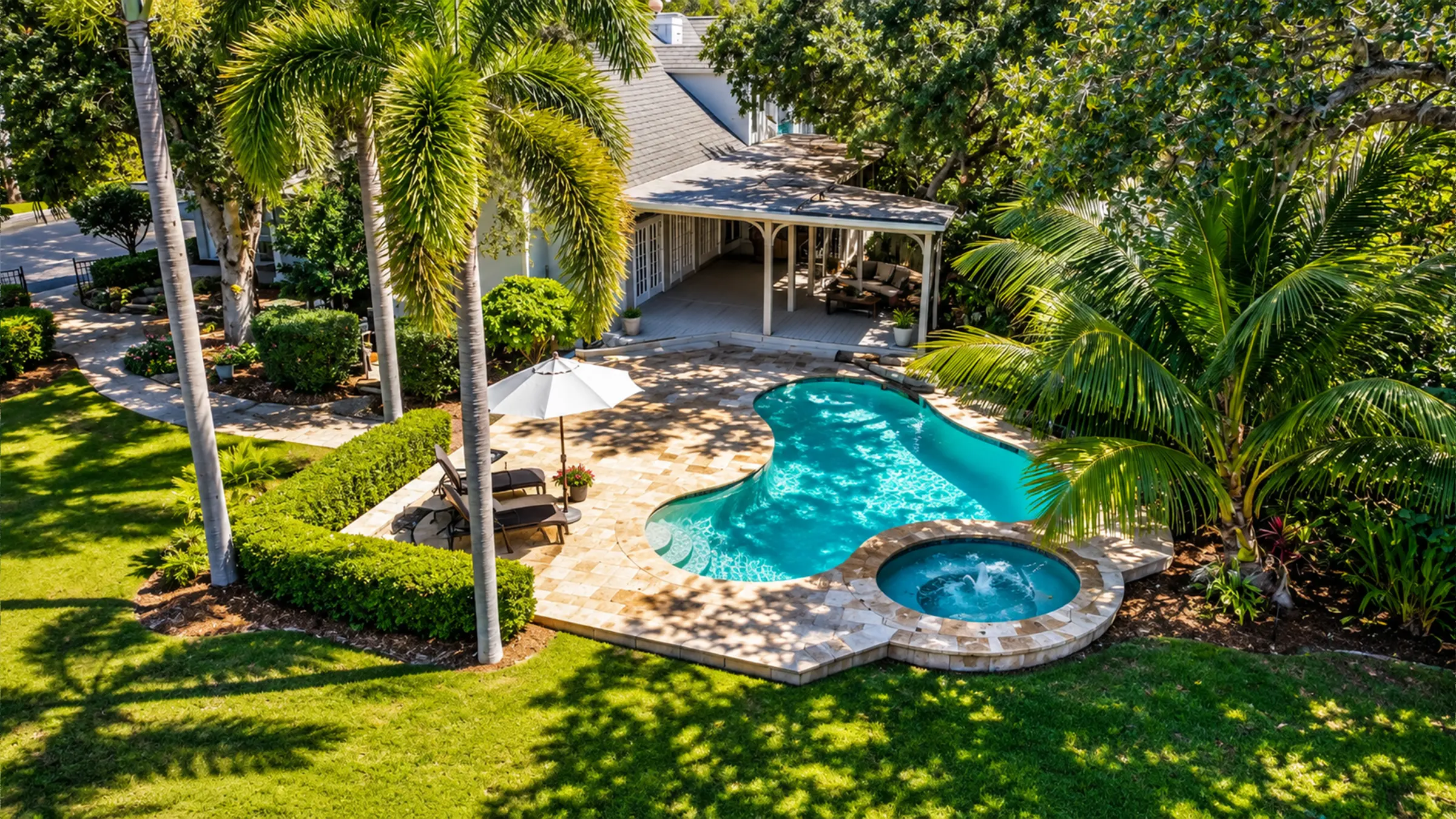 Overhead view of the heated pool and spa