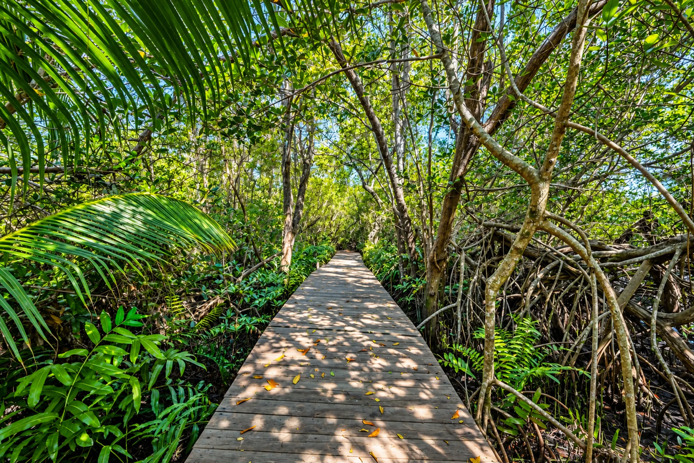 Boardwalk through palms on the private island nature trail